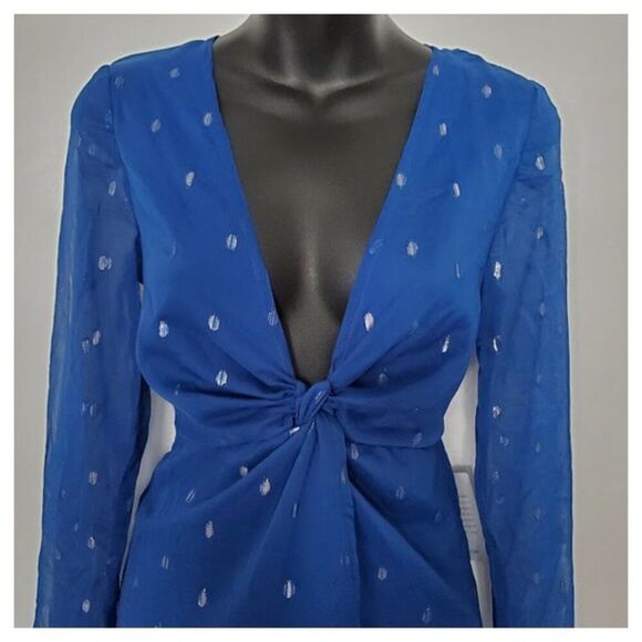 NWT NSR Royal Blue Metallic Dot Plunging V-Neck Midi Dress Sz S Cocktail Holiday - Picture 5 of 13